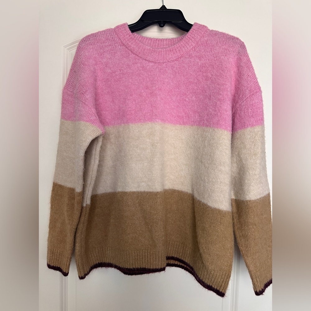 Primark Pink, Cream & Brown Colorblock Crewneck Sweater